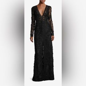 Oscar De La Renta Runway Beaded & Mesh Illusion Long Sleeve V-neck Gown Black 4